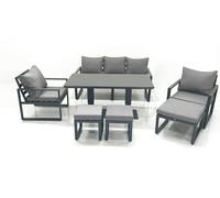 Fimous 8 Seater Aluminium Outdoor Garden Furniture Set with Adjustable Rising Lifting Dining Table 3 Seater Sofa 2 Chair 3 Footstool Dark Grey