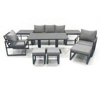 Fimous 8 Seater Aluminium Outdoor Garden Furniture Set with Adjustable Rising Lifting Dining Table 3 Seater Sofa 3 Footstool 2 Side Tables