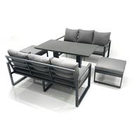 Fimous 8 Seater Aluminium Outdoor Garden Furniture Set with Adjustable Rising Lifting Dining Table 3 Seater Sofa 2 Big Footstool Dark Grey