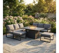 Fimous Aluminium 8 Seater Outdoor Garden Furniture Lounge Sofa Set Gas Fire Pit Dining Table with 2 Big Footstools Dark Grey Dark Grey