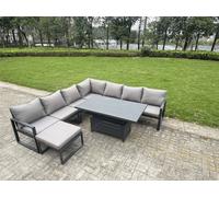 Fimous 8 Seater Aluminium Sofa Set 7 Pieces Outdoor Garden Furniture - Rising Dining Table With Cushions Dark Grey