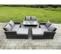 Fimous 8 Seater Dark Grey Mixed PE Rattan Outdoor Dining Set - Rectangular Dining Table, Double Sofa & 2 Footstools