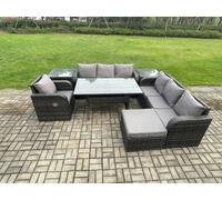 Fimous 8 Seater Dark Grey Mixed Rattan Garden Dining Set - Oblong/Rectangular Table, 3-Seater Sofa & 2 Side Tables