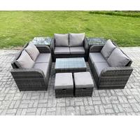 Fimous 8 Seater Dark Grey Mixed Rattan Outdoor Lounge Set - Loveseat, Coffee Table & 2 Side Tables & 2 Small Footstools
