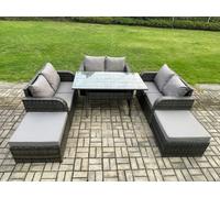 Fimous 8 Seater Dark Grey Mixed Rattan Outdoor Lounge Set - Oblong/Rectangular Dining Table & Loveseat Sofa