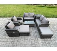 Fimous 8 Seater Dark Grey Mixed Rattan Outdoor Lounge Set - Rectangular Coffee Table, 2 Big Footstools & Loveseat