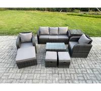 Fimous 8 Seater Rattan Garden Furniture Set Patio Outdoor Lounge Sofa Set with Rectangular Coffee Table 3 Footstools 3 Seater Sofa Side Table
