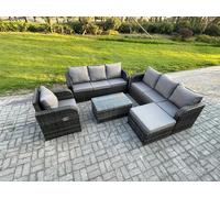 Fimous 8 Seater Rattan Outdoor Garden Furniture Sofa Set Patio Table & Chairs Set with 3 Seater Sofa Reclining Chair Dark Grey Mixed