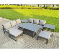Fimous 8 Seater Garden Furniture Set Aluminium Adjustable Rising Lifting Dining Table and Sofa with 2 Side Tables 2 Footstools Dark Grey