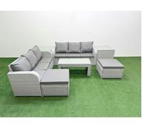 Fimous 8 Seater Garden Furniture Set, Wicker Lounge Sofa, Coffee Table, 2 Big Footstools and 2 Side Tables, Light Grey