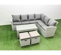 Fimous 8 Seater Garden Outdoor Rattan Furniture Set Rattan Corner Sofa Oblong Coffee Table Set with 2 Small Footstools Light Grey Mixed