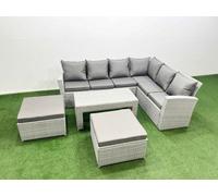 Fimous 8 Seater Garden Outdoor Rattan Furniture Set Rattan Corner Sofa Oblong Coffee Table Set With 2 Big Footstools Light Grey