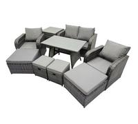 Fimous 8 Seater Rattan Sofa Oblong Dining Table with 2 Big Stool Side Table in Dark Grey Fimous Dark Grey