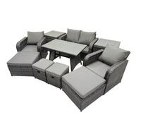 Fimous 8 Seater Garden Outdoor Rattan Furniture Set Rattan Sofa Oblong Dining Table With 2 Big Stools 2 Side Table Dark Grey