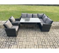 Fimous 8 Seater Garden Rattan Furniture Corner Sofa Dining Table Chair Set With Temper Glass And Cushions Indoor