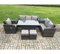 Fimous 8 Seater Garden Rattan Furniture Dining Table Sofa Set Indoor Outdoor with Reclining Chairs Side Table Footstools Dark Grey Mixed