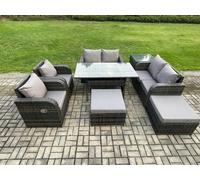 Fimous 8 Seater Grey Rattan Outdoor Lounge Set - Rectangular Table, Reclining Chairs & 2 Stools