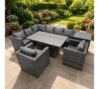 Fimous 8-Seater Height Adjustable Rising Lifting Table Corner Sofa Set Rattan Garden Furniture Set With Side Table Dark Grey Mixed