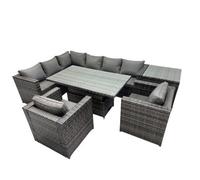 Fimous 8-Seater Height Adjustable Rising Lifting Table Corner Sofa Set Rattan Garden Furniture Set With Side Table Dark Grey Mixed
