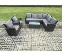 Fimous 8 Seater High Back Outdoor Garden Furniture Set Rattan Corner Sofa Set With Rectangular Coffee Table 2 Armchairs Dark Grey Mixed