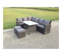Fimous 8 Seater High Back Pe Rattan Corner Sofa Set Dining Table Outdoor Furniture Dark Grey Mixed
