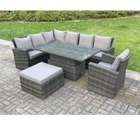 Fimous 8 Seater High Back Rattan Adjustable Rising Lifting Dining Table Corner Sofa Set Garden Furniture Set Left Hand in Dark Grey Fimous Dark Grey