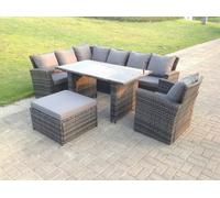 Fimous 8 Seater High Back Rattan Garden Furniture Set Corner Sofa With Black Tempered Dining Table Footstool With Arm Chair