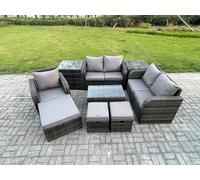 8 Seater High Back Rattan Garden Furniture Set with Loveseat Sofa Coffee Table 3 Footstools 2 Side Tables Indoor Outdoor Patio Lounge Sofa Set Fimous Dark Grey One Size