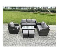 8 Seater High Back Rattan Garden Furniture Set with Loveseat Sofa Rectangular Coffee Table 2 Small Footstools Indoor Outdoor Patio Lounge Sofa Set Fimous Dark Grey One Size