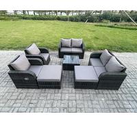 8 Seater High Back Rattan Garden Furniture Set with Square Coffee Table Love Sofa Reclining Chair Indoor Outdoor Patio Lounge Sofa Set Fimous Dark Grey One Size