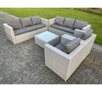 Fimous 8 Seater Light Grey Outdoor PE Rattan Garden Furniture Set Wicker Sofa Set Square Coffee Table 2 Armchair