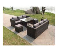 Fimous 8 Seater Rattan Sofa Set with Dining Table, 2 Sofas, 2 Stools - Dark Grey