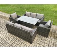 Fimous 8 Seater Lounge Rattan Sofa Set Outdoor Garden Furniture Oblong Rectangular Dining Table With Adjustable Chair 3 Seater Sofa Dark Grey Mixed
