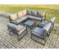 Fimous 8 Seater Outdoor Aluminium Garden Furniture Set Corner Lounge Sofa Set with Square Coffee Table Chair Dark Grey