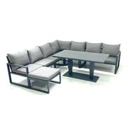 Fimous 8 Seater Outdoor Aluminum Garden Furniture Set Corner Sofa Big Footstool Adjustable Rising Lifting Table Sets Dark Grey