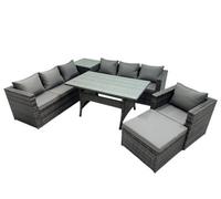 Fimous 8 Seater Outdoor Corner Sofa Chair Dining Table Set Garden Rattan Furniture Set with Side Table Big Stool Dark Grey Dark Grey