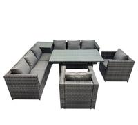 Fimous 8 Seater Outdoor Corner Sofa Chair Dining Table Set Garden Rattan Furniture Set With Side Table Dark Grey