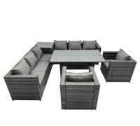 Fimous 8 Seater Outdoor Corner Sofa Chair Dining Table Set Garden Rattan Furniture Set with Side Table Dark Grey Dark Grey