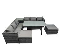 Fimous 8 Seater Outdoor Corner Sofa Dining Table Set Garden Rattan Furniture Set with Side Table 2 Big Stool Dark Grey