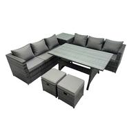 Fimous 8 Seater Garden Rattan Furniture Set with Side Table 2 Small Stools