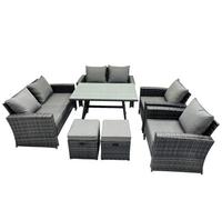 Fimous 8 Seater Outdoor Dark Grey Mixed High Back Rattan Sofa Dining Table Set Garden Furniture Love Sofa Chair 2Stools