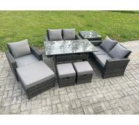 Fimous 8 Seater Outdoor Garden Dining Set Wicker PE Rattan Furniture Sofa with Rectangular Dining Table Double Seat Sofa Side Table Dark Grey Mixed