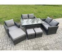 Fimous 8 Seater Outdoor Garden Dining Set Wicker PE Rattan Furniture Sofa with Rectangular Dining Table Double Seat Sofa Dark Grey Mixed