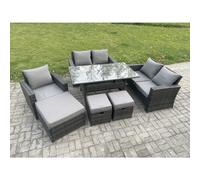Fimous 8 Seater Outdoor Garden Dining Set Wicker PE Rattan Furniture Sofa with Rectangular Dining Table Double Seat Sofa Dark Grey Mixed