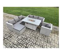 Fimous 8 Seater Outdoor Garden Dining Sets Rattan Furniture Gas Fire Pit Dining Table Gas Heater with Armchair Big Footstool Light Grey