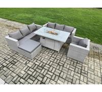 Fimous 8 Seater Outdoor Garden Dining Sets Rattan Furniture Gas Fire Pit Dining Table Gas Heater with Armchair Big Footstool