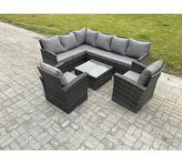 Fimous 8 Seater Outdoor Garden Furniture Set Wicker PE Rattan Corner Sofa Set with Square Coffee Table 2 Armchairs Dark Grey Mixed