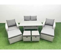 Fimous 8 Seater Outdoor Garden Furniture Set With Dining Table Love Sofa 2 Big Footstools 2 Side Tables Light Grey