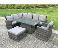 Fimous 8 Seater?Outdoor High Back Rattan Adjustable Rising Lifting Dining Table Corner Sofa Set Garden Furniture Set Dark Grey Mixed Left Hand