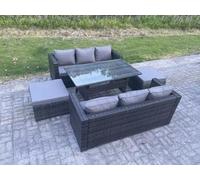 Fimous 8 Seater Outdoor Lounge Sofa Garden Furniture Set Patio Rattan Rectangular Dining Table With 2 Big Footstool Dark Grey